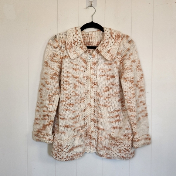 Vintage Sweaters - Vintage Handmade Peach Cardigan Sweater Cottagecore Academia Winter Preppy 90s